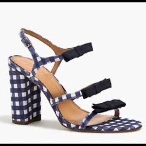 J.Crew Navy Blue Gingham Bow Pump Sandals Block Heels Peep Toe CUTE Size 8